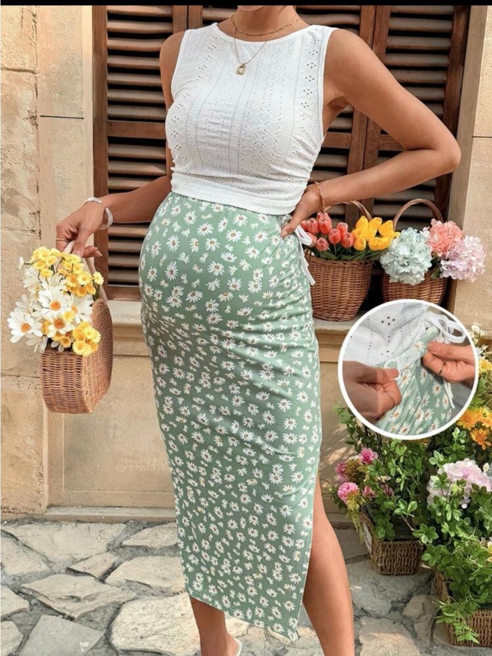 2 Piece set Daisy Print Maternity Midi Skirt in Sage Green and White top